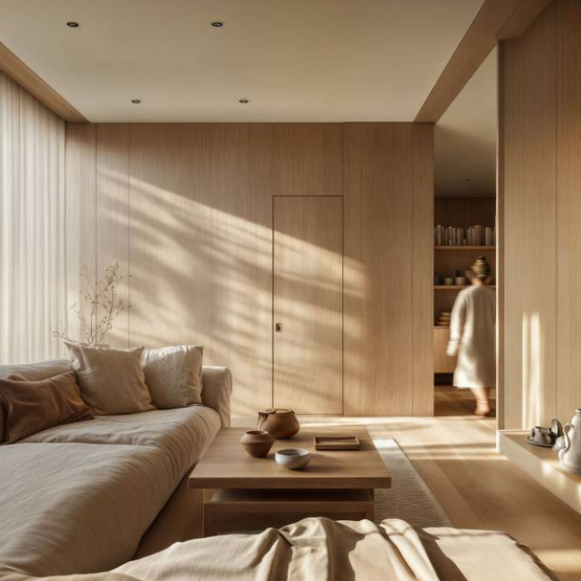 salon avec murs en bois, porte flush wall et une personne qui y circule