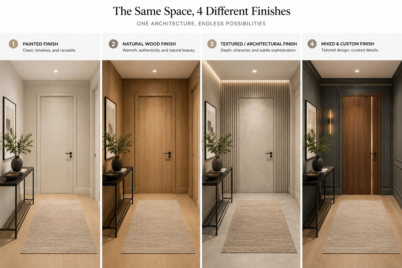 the same room shown in four different interior finishes